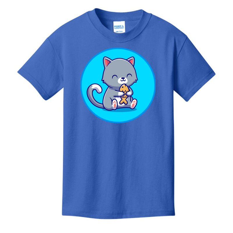 Cute Cat Holding Fish Cartoon Basic Youth T-shirt by vasu4christ | Artistshot