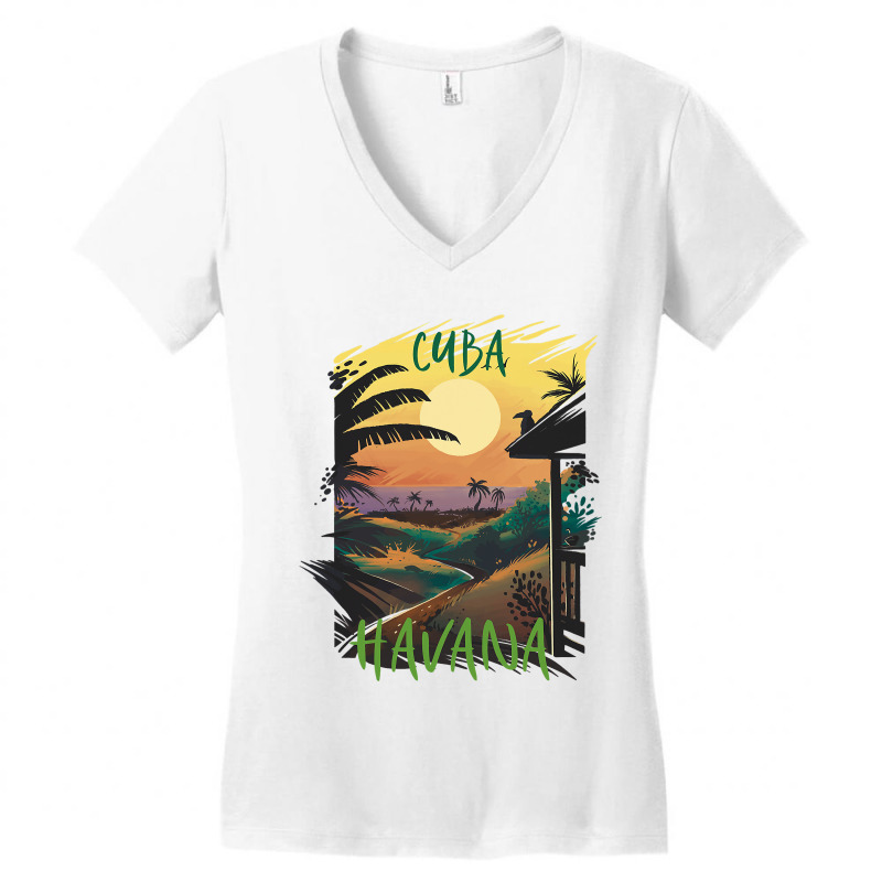 Havana Cuba Palm Trees Beach Ocean Surfing Hispani Women's V-Neck T-Shirt by MalikMorsee | Artistshot