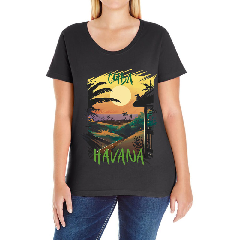 Havana Cuba Palm Trees Beach Ocean Surfing Hispani Ladies Curvy T-Shirt by MalikMorsee | Artistshot