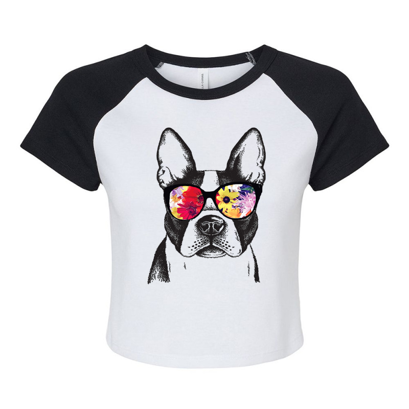 Funny Hipster Boston Terrier Flowers Sunglasses Cu Raglan Crop Top by ROBERTMORRISON | Artistshot