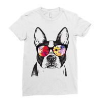 Funny Hipster Boston Terrier Flowers Sunglasses Cu Ladies Fitted T-shirt | Artistshot