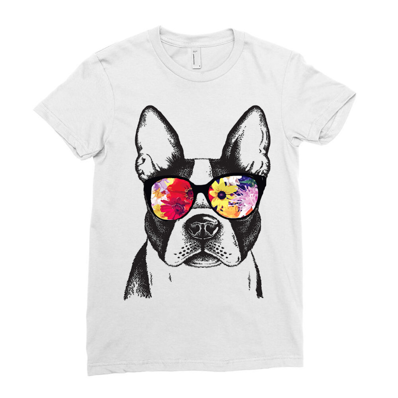 Funny Hipster Boston Terrier Flowers Sunglasses Cu Ladies Fitted T-Shirt by ROBERTMORRISON | Artistshot