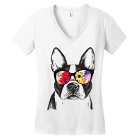 Funny Hipster Boston Terrier Flowers Sunglasses Cu Women's V-neck T-shirt | Artistshot