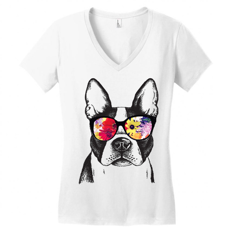 Funny Hipster Boston Terrier Flowers Sunglasses Cu Women's V-Neck T-Shirt by ROBERTMORRISON | Artistshot