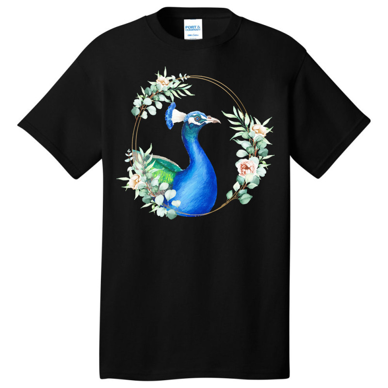 Peacock Bird Portrait T Shirtpeacock In A Floral Gold Wreath Frame T S Basic T-shirt by hegmannaugustine848 | Artistshot