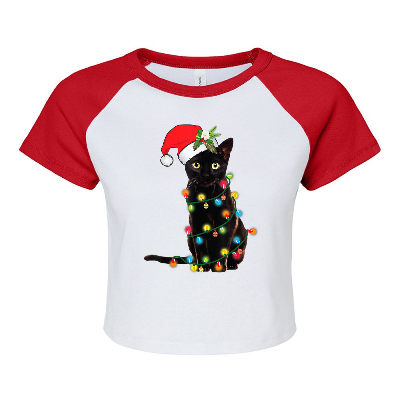 Cat Santa Black Cat Up In Christmas Tree Lights Holiday35 Raglan Crop Top by hopelessoon | Artistshot