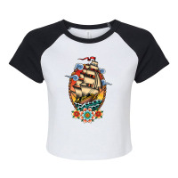 Old School American Traditional Tattoo Flash Clipper Ship Premium T Sh Raglan Crop Top | Artistshot