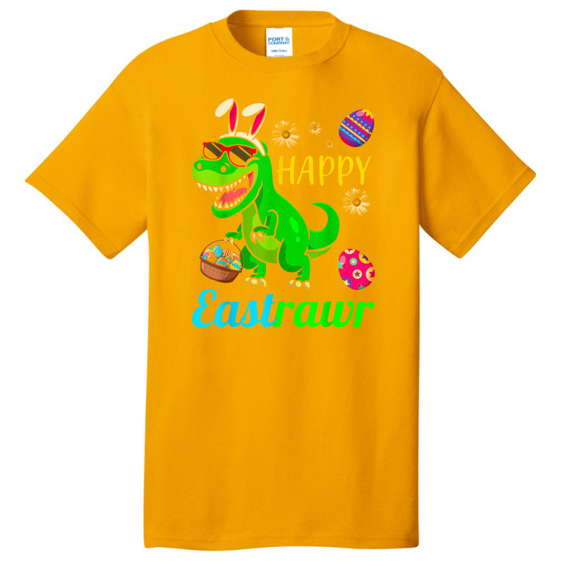 Happy Eastrawr Dinosaur With Bunny Ears And Eggs Basket Basic T-shirt by asilamiraty | Artistshot