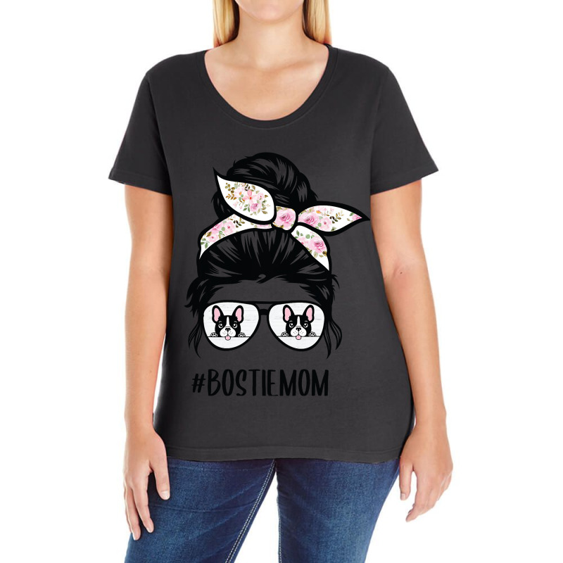 Bostie Mom Messy Bun Hair Glasses Boston Terrier M Ladies Curvy T-Shirt by LEVICARTAGENA | Artistshot