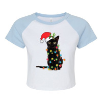 Santa Black Cat Tangled Up In Christmas Tree Lights Holiday Raglan Crop Top | Artistshot