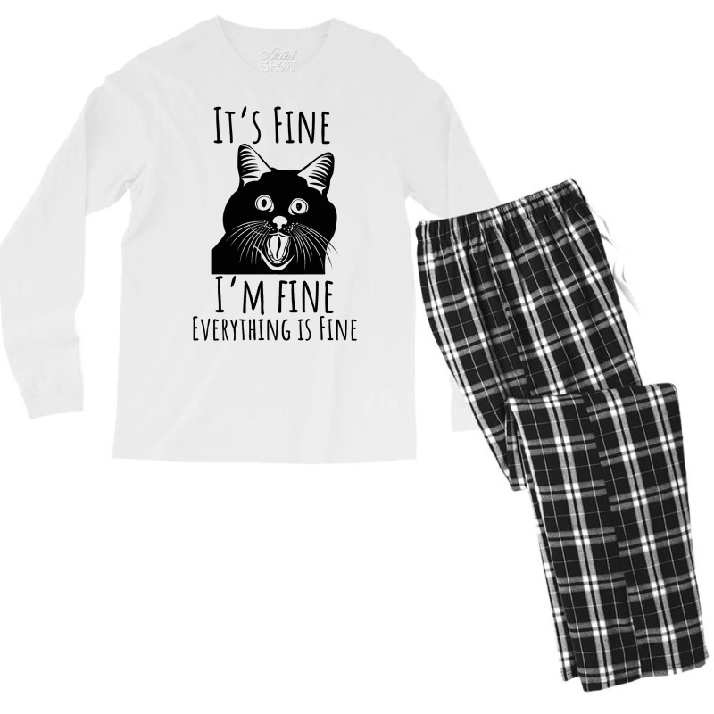 Black Cat Its Fine Im Fine Everythings Is Fine Gif Men's Long Sleeve Pajama Set | Artistshot