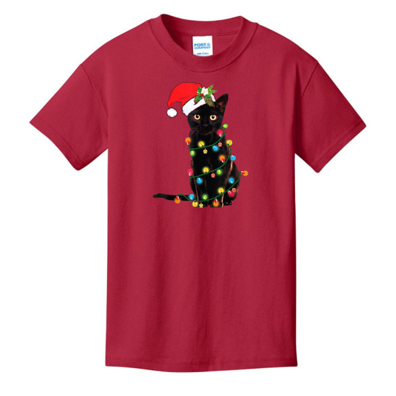 Cat Santa Black Cat Up In Christmas Tree Lights Holiday Basic Youth T-shirt by galakepol | Artistshot