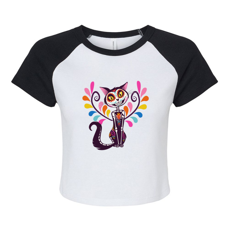 The Day Of The Dead Colored Cat Raglan Crop Top by atereabag | Artistshot