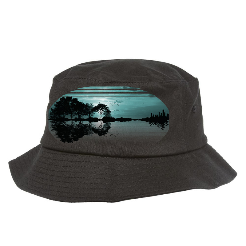 Guitar Sunset Sky Trees City Lake Reflection Speci Bucket Hat | Artistshot