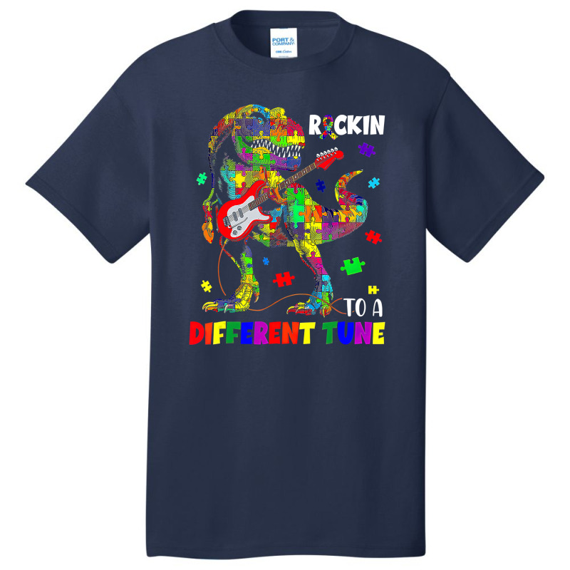 Rockin To A Different Tune Autism Awareness Trex Dinosaur Basic T-shirt by LeiThompson | Artistshot