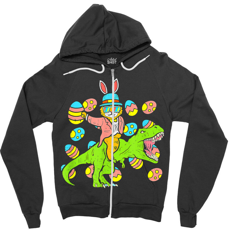 Cat Easter Bunny Riding Dino Trex Egg Hunt Dinosau Zipper Hoodie | Artistshot