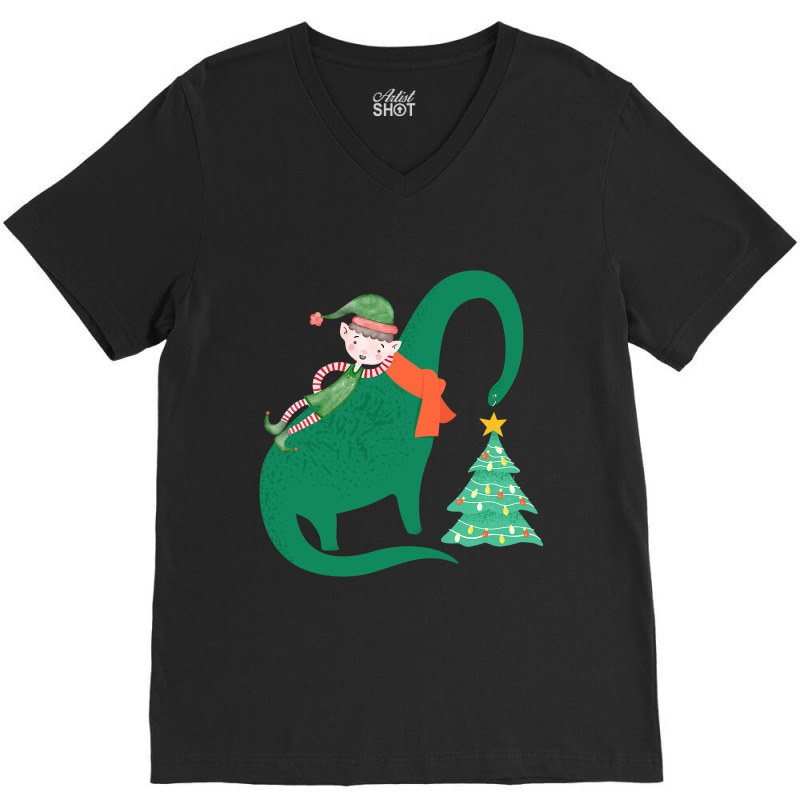 Elf Riding Dinosaur Christmas Xmas Pajama Boys Gir V-neck Tee | Artistshot