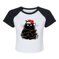 Santa Black Cat Tangled Up In Christmas Tree Lights Holiday Raglan Crop Top | Artistshot