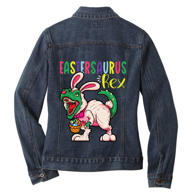 Eastersaurus Rex Dinosaur Easter Ears Easter Eggs Ladies Denim Jacket | Artistshot