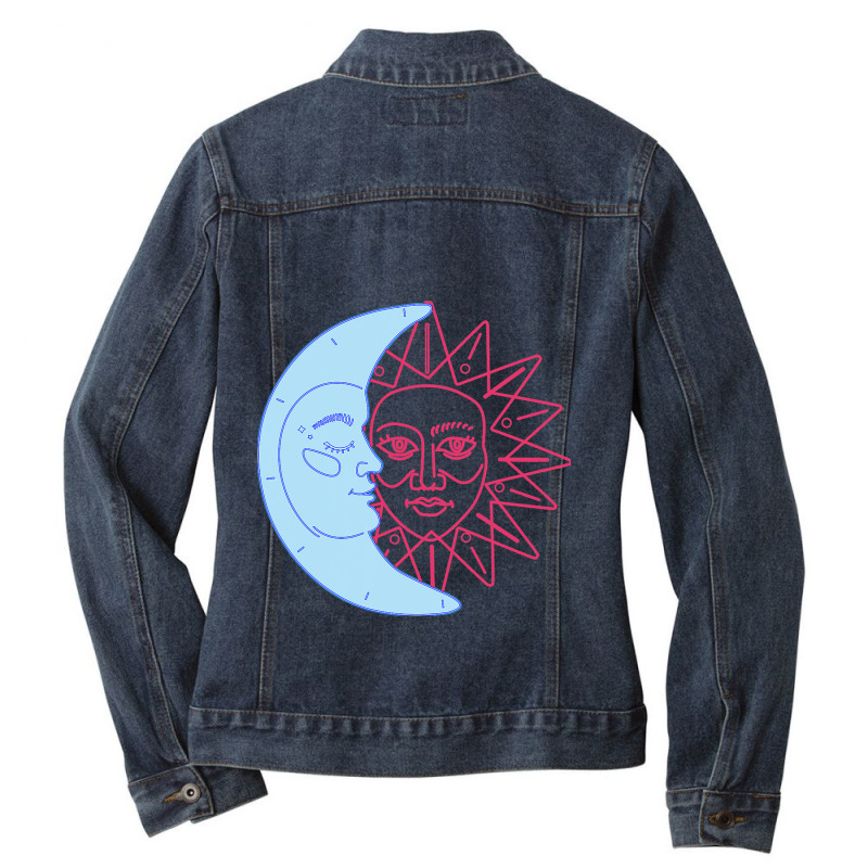 Celestial Moon Sun Line Art Minimal Artistic Aesth Ladies Denim Jacket | Artistshot