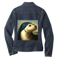 A Sea Otter With A Pearl Earring Vermeer Funny Art Ladies Denim Jacket | Artistshot