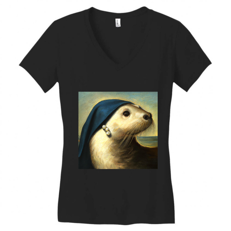 A Sea Otter With A Pearl Earring Vermeer Funny Art Women's V-Neck T-Shirt by JuditHanley | Artistshot