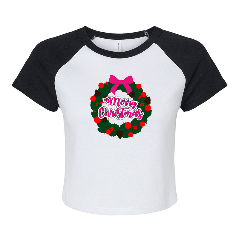 Green Red And Pink Wreath With Merry Christmas Text Overlay Raglan Crop Top by TonyBanks | Artistshot