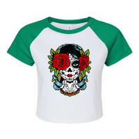 Catrina Sugar Skull Calavera Mexican Rose Eye   Art On Back Raglan Bas Raglan Crop Top | Artistshot