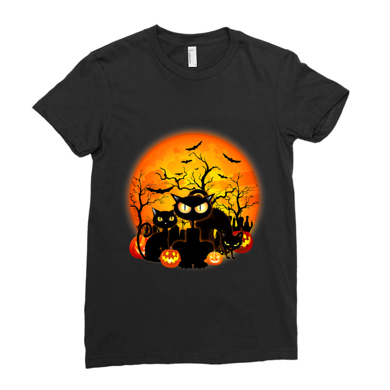 Black Cats Full Moon Halloween Costume Pumpkin Bat Ladies Fitted T-Shirt by CalliopeEasley | Artistshot