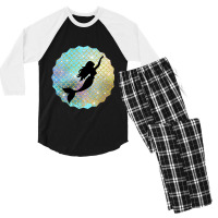 Black Mermaid Silhouette On Rainbow Scales Men's 3/4 Sleeve Pajama Set | Artistshot