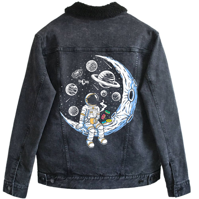 Funny Astronaut On The Moon Coffee And Donut Space Unisex Sherpa-lined Denim Jacket | Artistshot