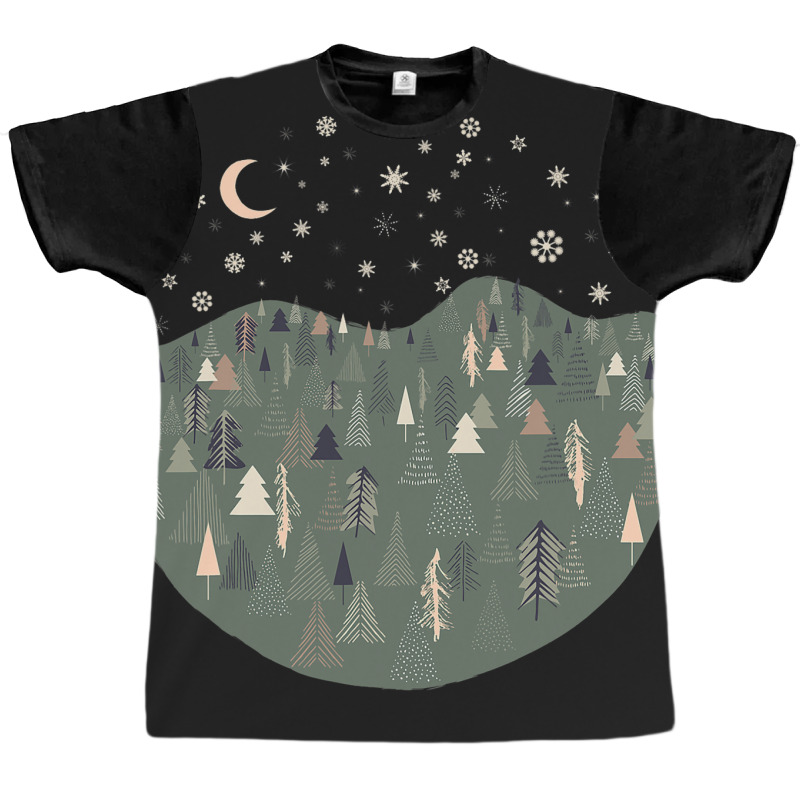 Forest Trees Autumn Winter Night Snowing Star Moon Graphic T-shirt | Artistshot