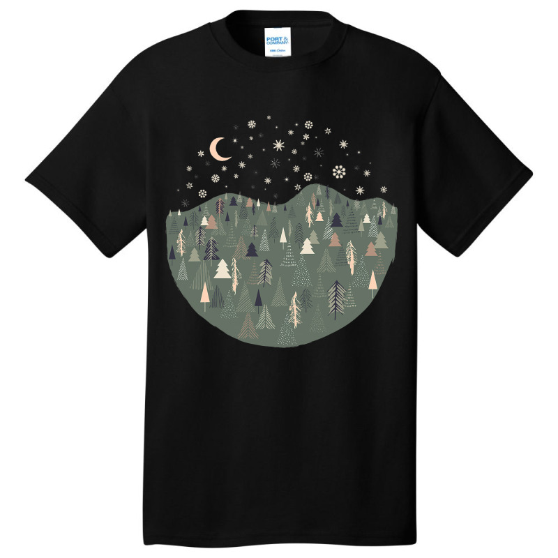 Forest Trees Autumn Winter Night Snowing Star Moon Basic T-shirt | Artistshot