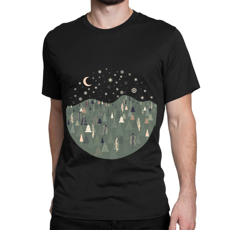 Forest Trees Autumn Winter Night Snowing Star Moon Classic T-shirt | Artistshot