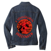 Funny Halloween Red Moon Spooky Witch Owl Bats Gru Ladies Denim Jacket | Artistshot