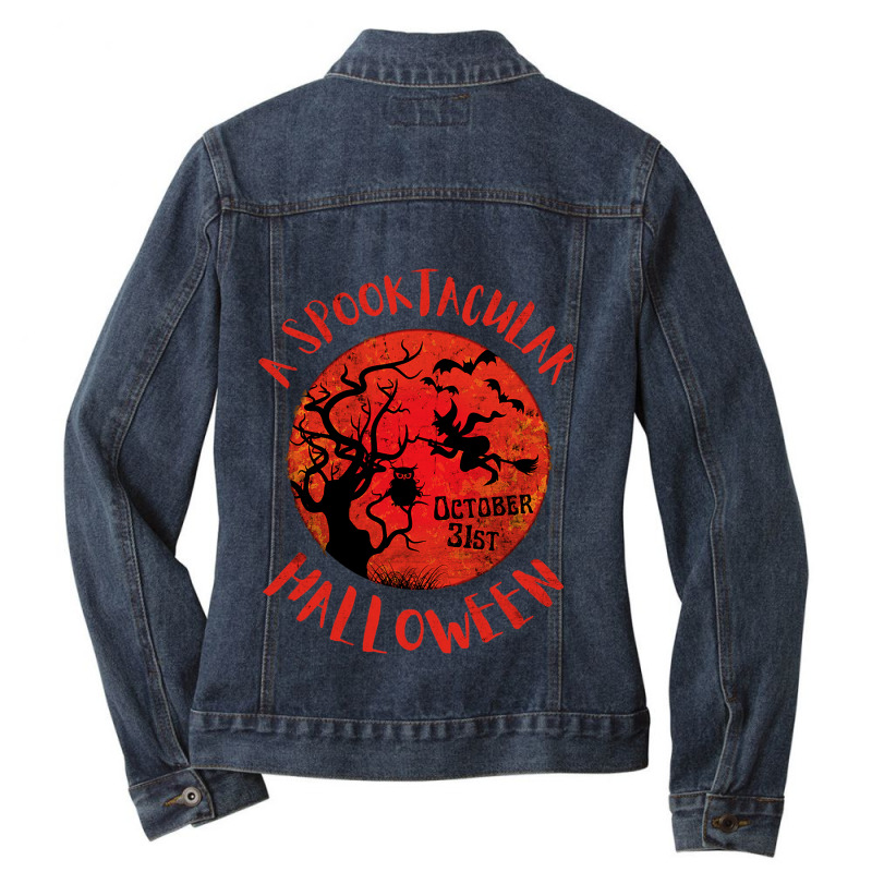 Funny Halloween Red Moon Spooky Witch Owl Bats Gru Ladies Denim Jacket by NOELYOUNG | Artistshot