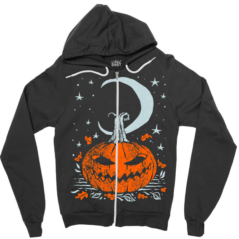 Funny Pumpkin Face With Moon Star Halloween Night Zipper Hoodie | Artistshot