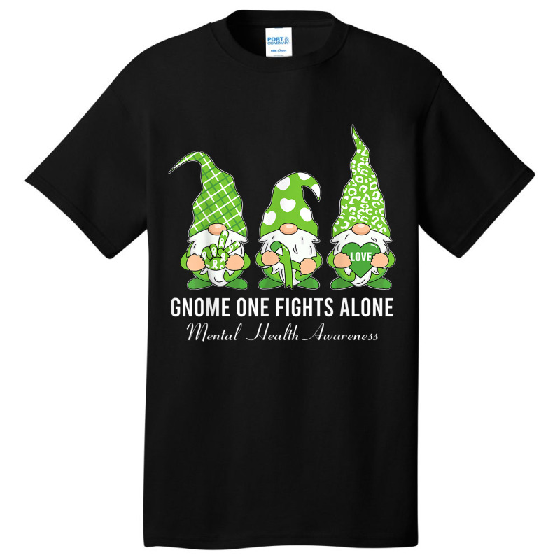 Green Ribbon Gnome One Fights Alone Mental Health Awareness Basic T-shirt by NathanielDesign | Artistshot