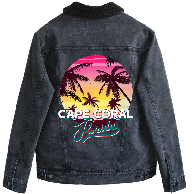 Cape Coral Florida Palm Tree Beach Summer Vacation Unisex Sherpa-lined Denim Jacket | Artistshot