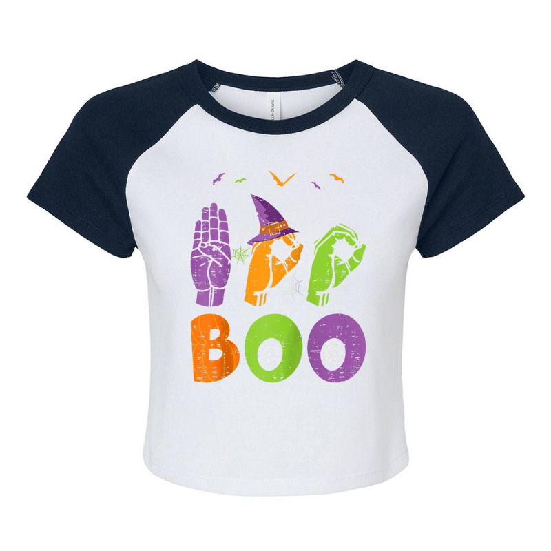 Boo Hands American Sign Language Pride Asl Halloween Raglan Baseball T Raglan Crop Top by wafaha | Artistshot