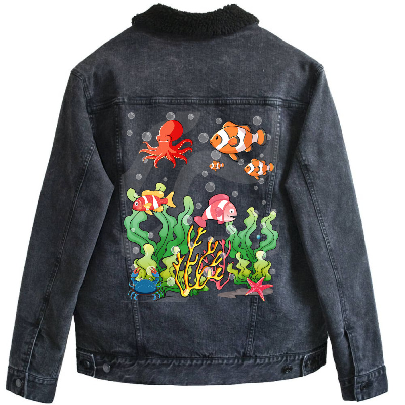 Cartoon Underwater Scene With Fish Coral Reef Illu Unisex Sherpa-lined Denim Jacket | Artistshot