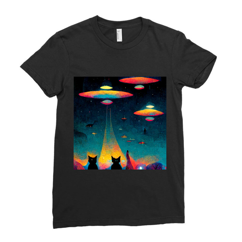 Cat Galaxy Ufo Cats Funny Cat Alien Invasion Ladies Fitted T-Shirt by MalikMorsee | Artistshot