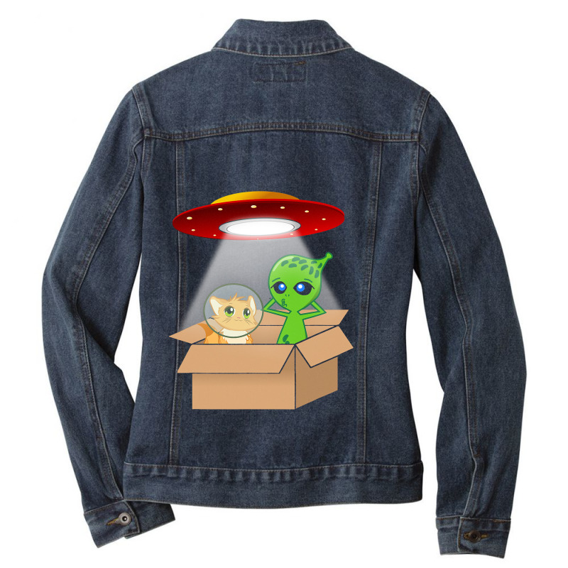 Cute Kitten Cat And Alien Cardboard Spaceship Funn Ladies Denim Jacket by ClevelandParmenter | Artistshot