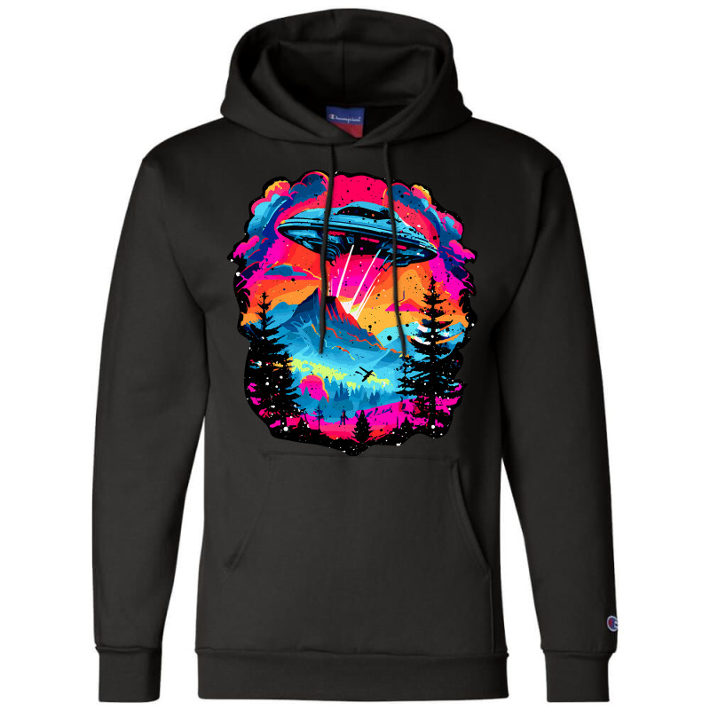 Ufo Flying Saucer Over Mountains And Forests Synth Champion Hoodie | Artistshot