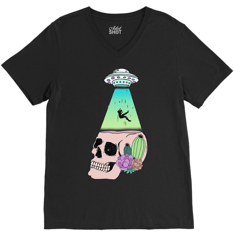 Ufo Beam Down On Skull With Flowers Alien Abductio V-neck Tee | Artistshot