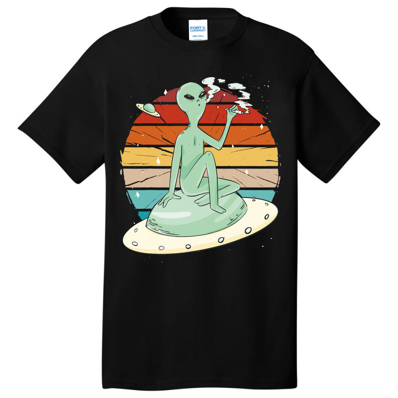 Vintage Funny Alien Smoking Over A Spaceship Space Basic T-shirt by CharleaPeguer | Artistshot