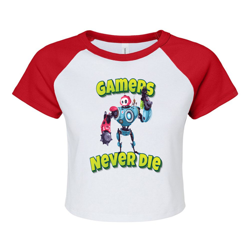 Gamers Never Die Modern Robot With Weapon Raglan Crop Top by derkswiffc | Artistshot