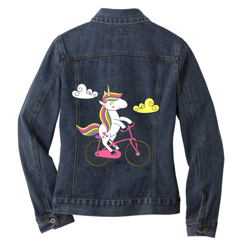 Funny Unicorn On Bike Work Out Biker Ladies Denim Jacket by TevitJanik | Artistshot