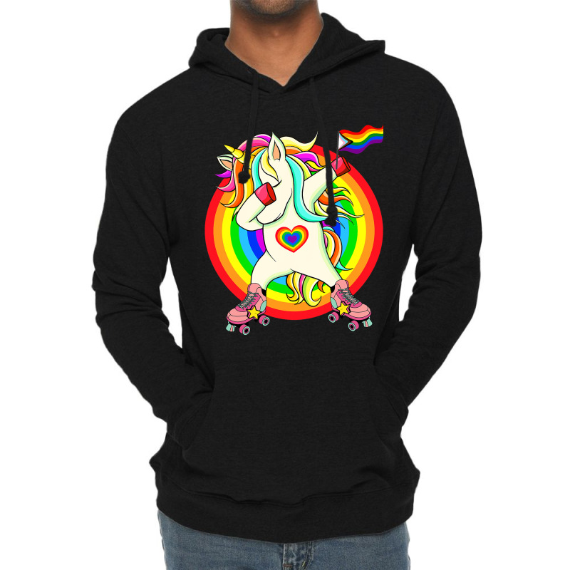 Gay Pride Unicorn Dabbing Lgbtq Rainbow Flag Rolle Lightweight Hoodie | Artistshot