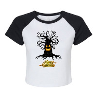 Vector Happy Halloween Vector Haunted Tree Illustr Raglan Crop Top | Artistshot